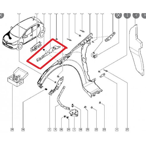 RENAULT CLIO- 4- HB- 13/16; ÖN ÇAMURLUK BAĞLANTI SUPORTU SAĞ (ORTA KISIM) (SAC) (EAGLE BODY)