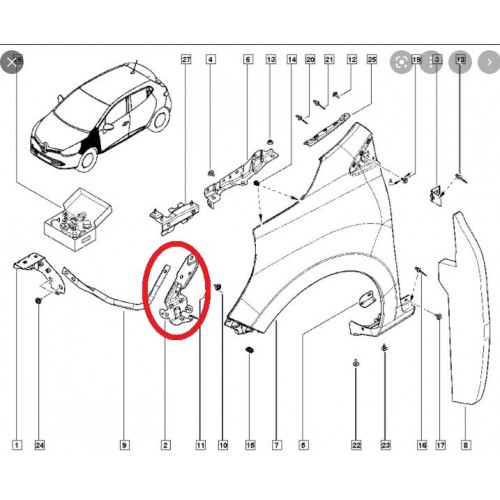 RENAULT CLIO- 4- HB- 13/16; ÖN ÇAMURLUK BAĞLANTI SUPORTU SOL (UÇ KISIM) (SAC) (EAGLE BODY)