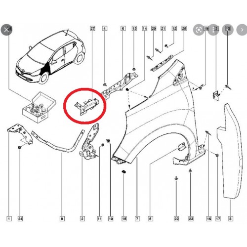 RENAULT CLIO- 4- HB- 13/16; ÖN ÇAMURLUK BAĞLANTI SUPORTU SOL (ORTA İÇ KISIM) (SAC) (EAGLE BODY)