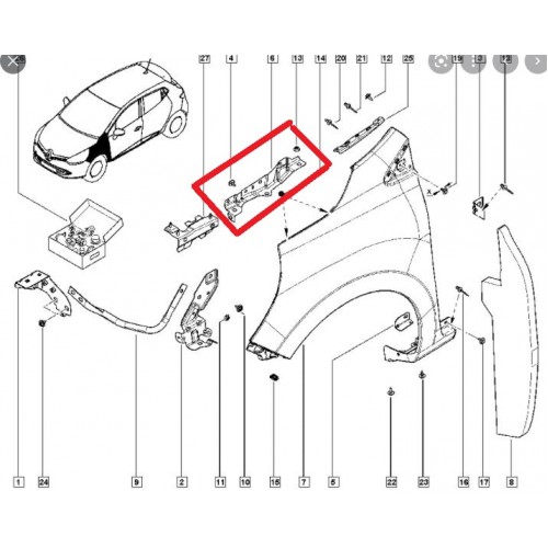 RENAULT CLIO- 4- HB- 16/20; ÖN ÇAMURLUK BAĞLANTI SUPORTU SOL (ORTA KISIM) (SAC) (EAGLE BODY)